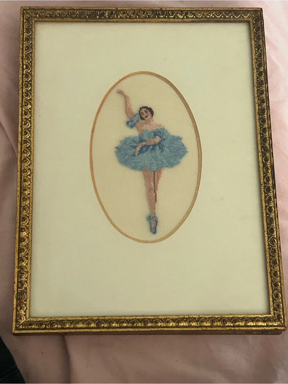 Pair of Vintage Ballerina needlepoint in GUMPS Gilt florentine frames,Blue&Pink